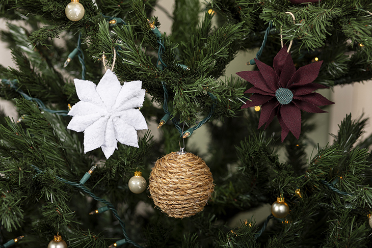 3 DIY ornaments on a Christmas tree